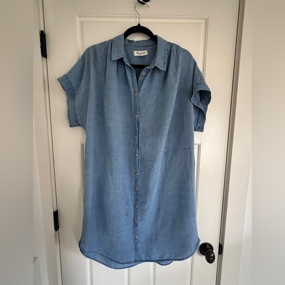 Madewell Central Linen Blend Chambray Denim Short Sleeve Button Down Shirt Dress - Picture 2 of 5